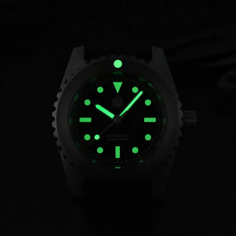 Men's 316L stainless steel diving automatic mechanical watch with black dial, luminous markers, and cowhide strap on white background