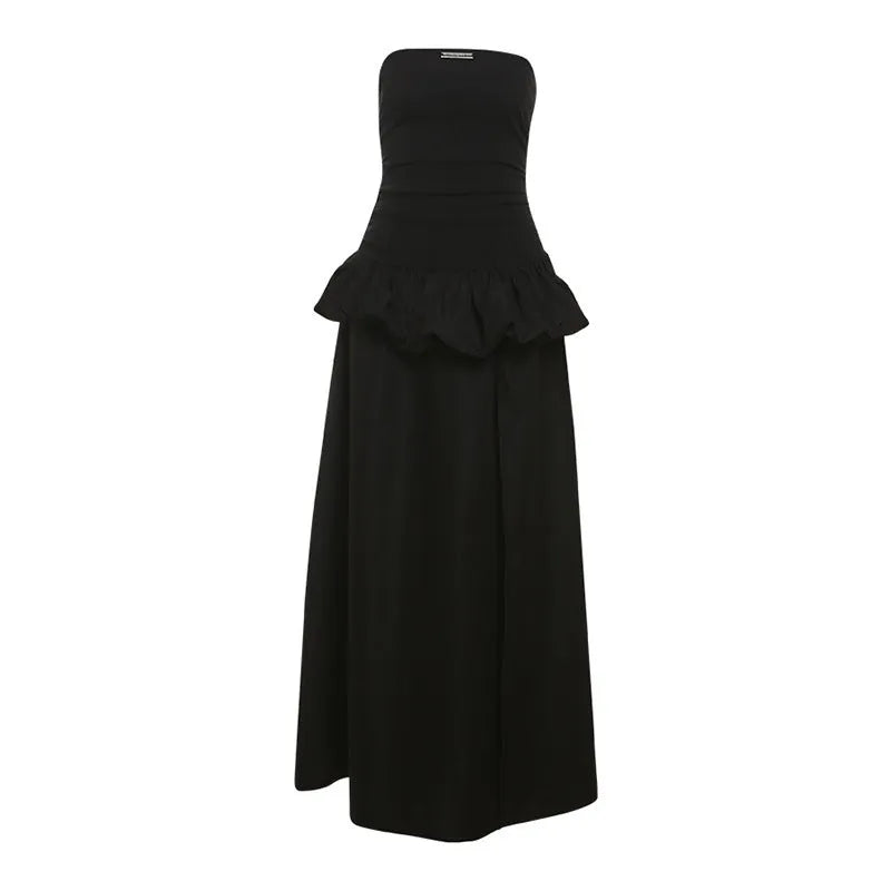 Solid colour slim-fit high waist off-neck split A-line long dress in black for women