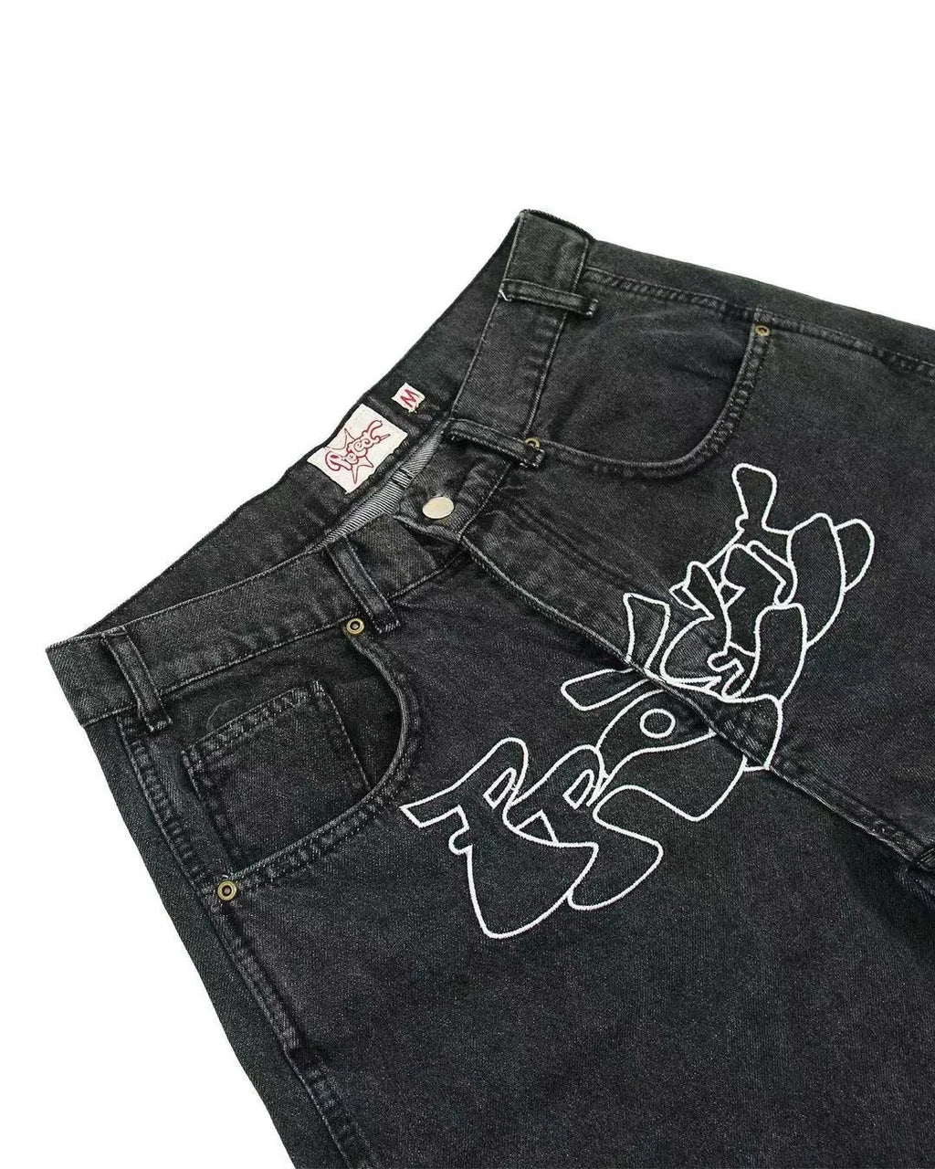 Men's blue denim hip hop shorts with straight leg cut on mannequin