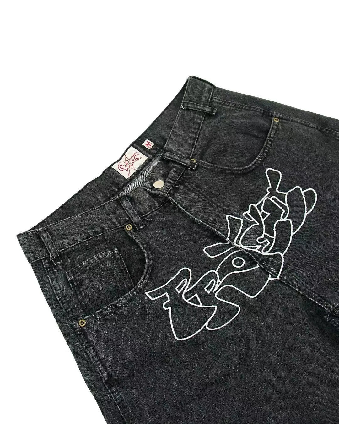 Men's blue denim hip hop shorts with straight leg cut on mannequin