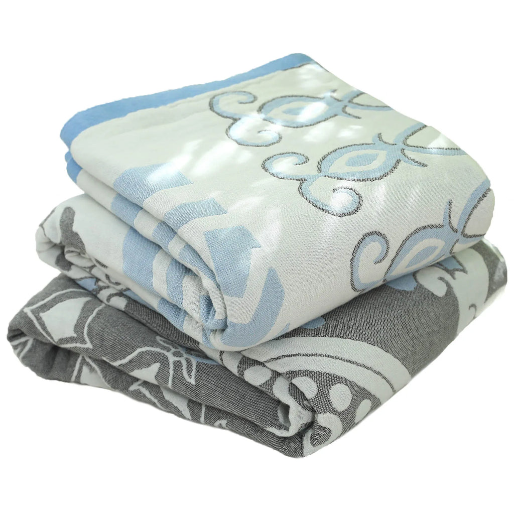 Pure cotton five-layer towel blanket with plants and flowers pattern in bohemian style, available in blue and orange sizes 150x200cm and 200x230cm
