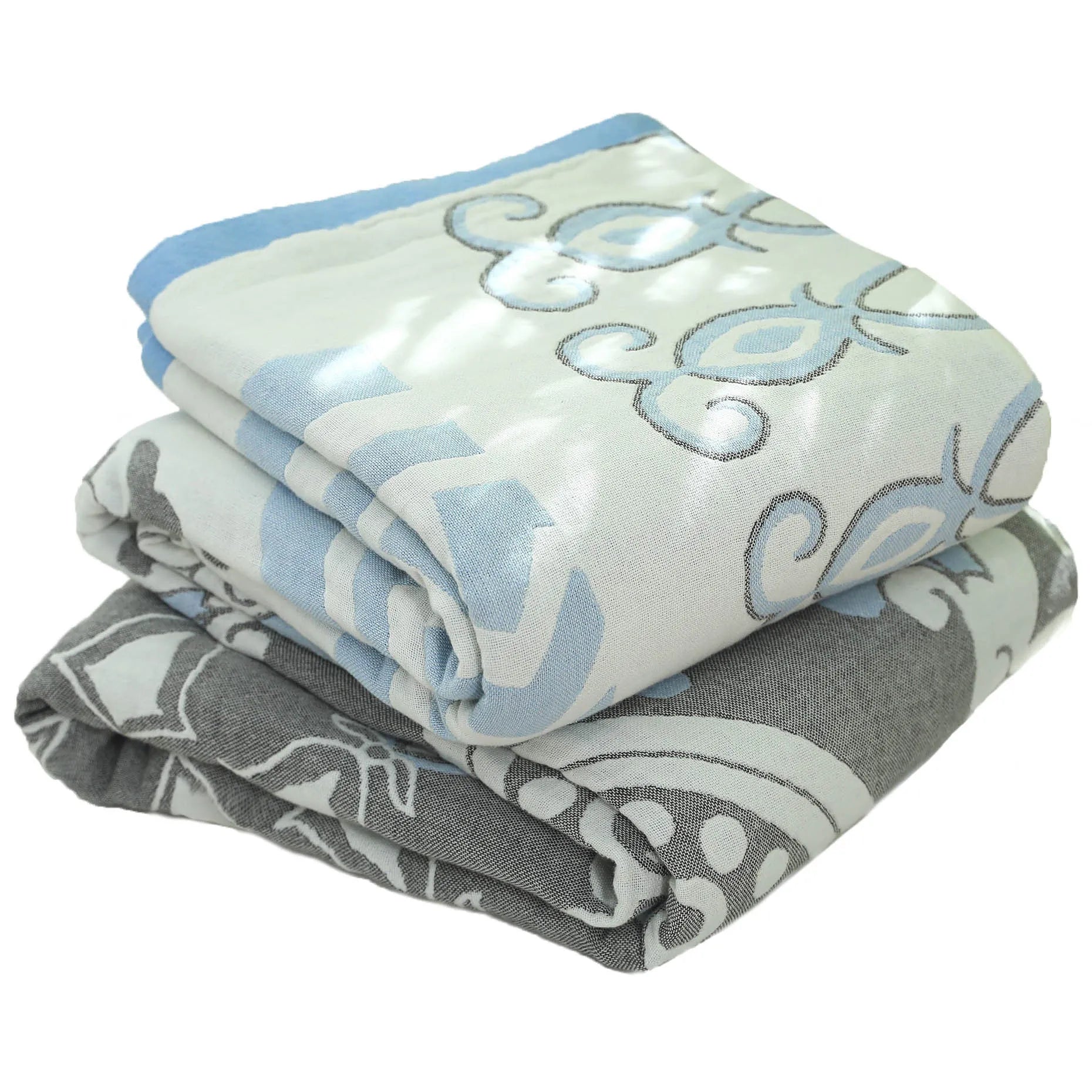 Pure cotton five-layer towel blanket with plants and flowers pattern in bohemian style, available in blue and orange sizes 150x200cm and 200x230cm
