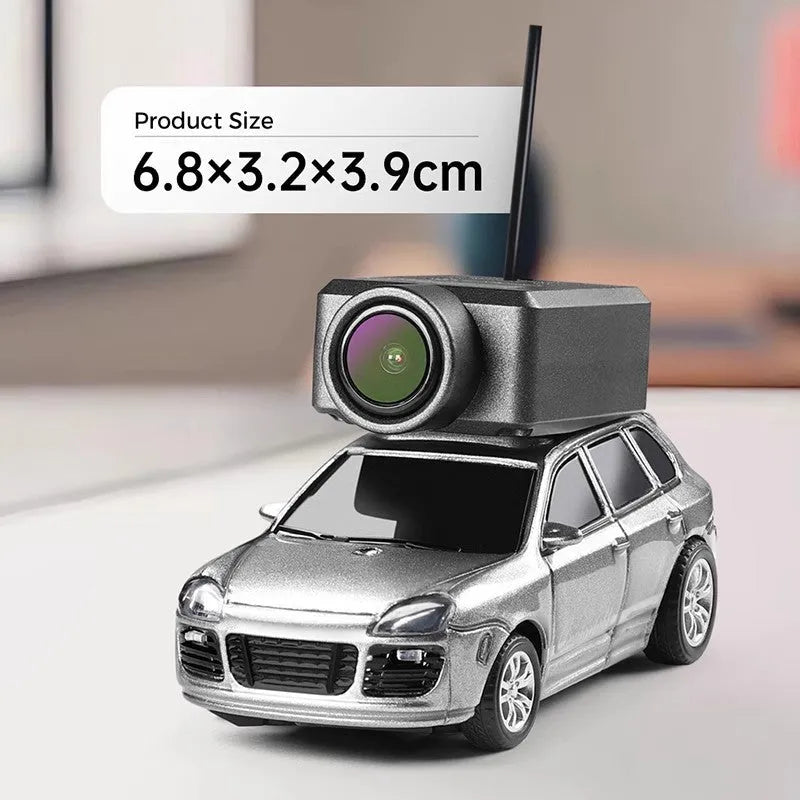 Mini remote control car with alloy body, FPV camera, and blue ambient lighting on a white background
