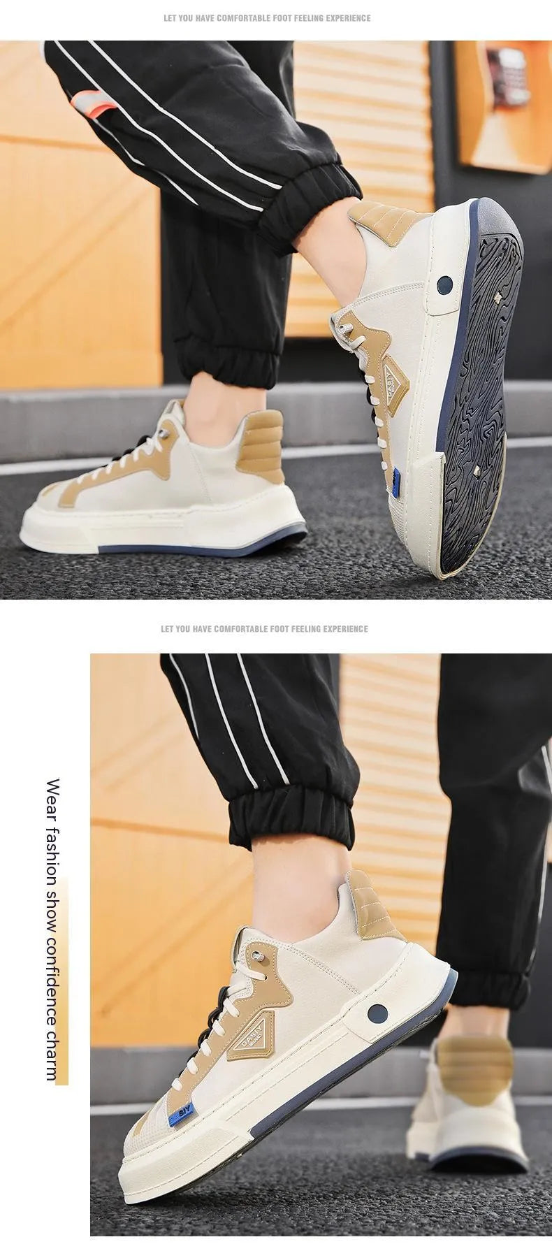 Men's beige and black low-top casual sneakers with elastic band fastening and mesh lining.
