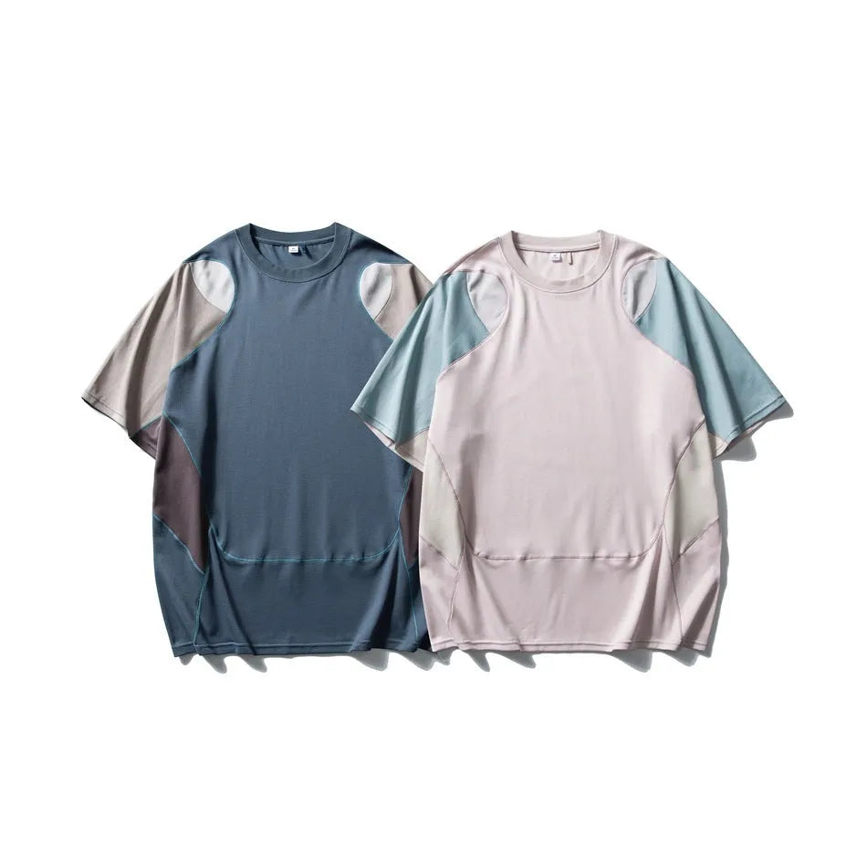 Men's loose patchwork contrast colour sports T-shirt on a hanger