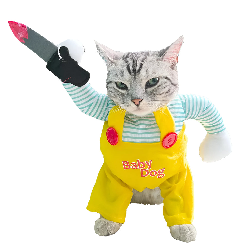 Yellow knife assassin costume for cat on hanger showing B02405 colour and polyester material
