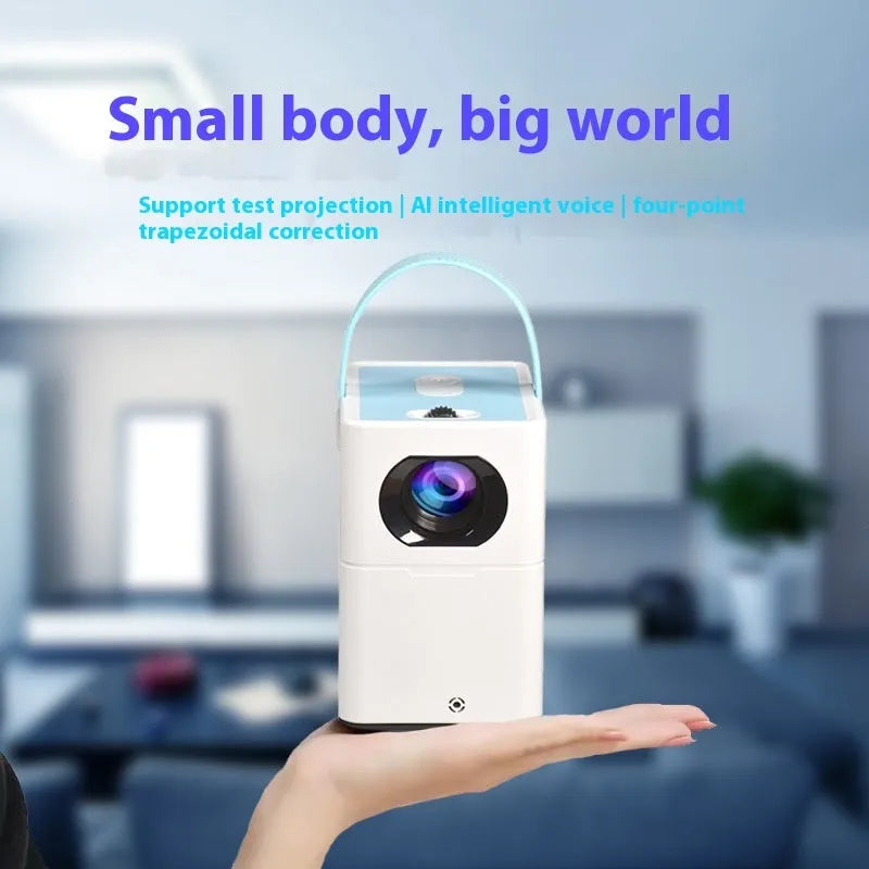 Smart HD projector with Android voice control and remote on wooden surface