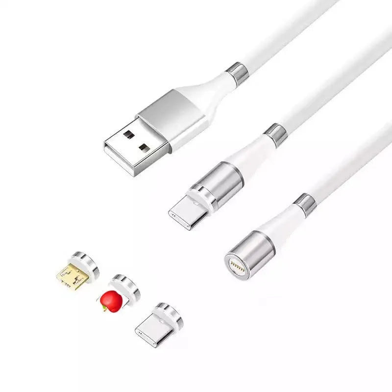 White silicone three-in-one data cable with Android, Apple, and Type-C heads on a surface