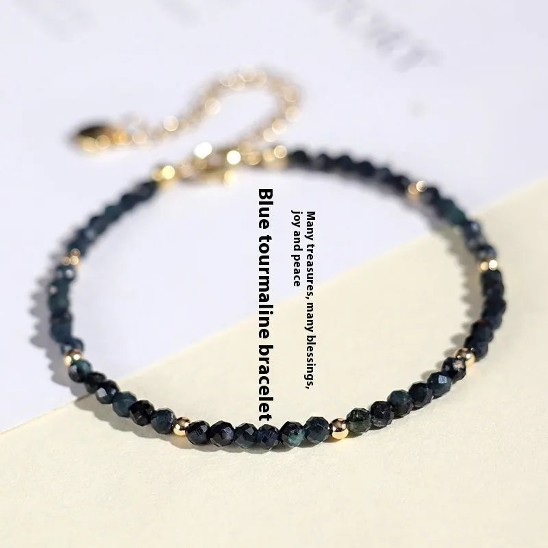 Blue tourmaline spacer bead bracelet with 3mm cut beads for women