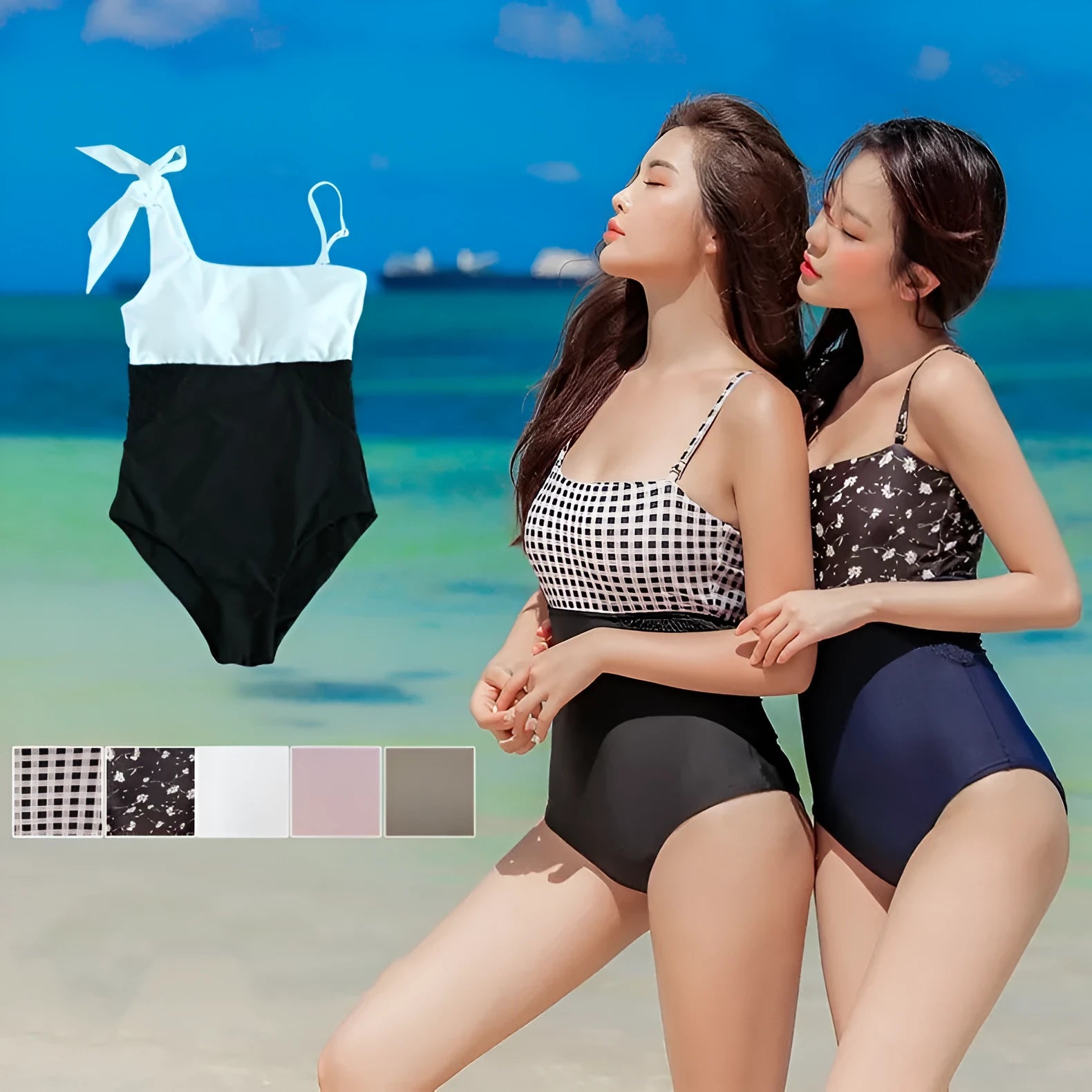 Ladies one-piece polyester swimsuit in black flower navy blue for beach and hot spring