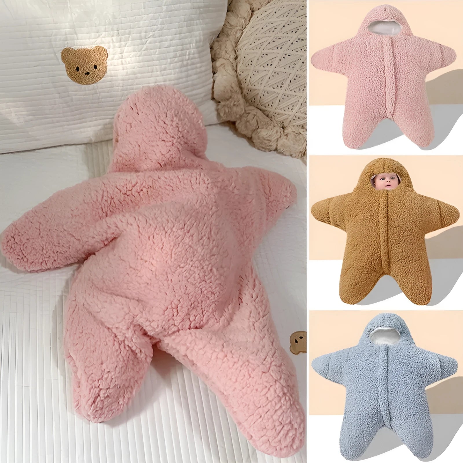 Lamb velvet baby sleeping bag with hood and zip in pink, grey, blue, or khaki colours