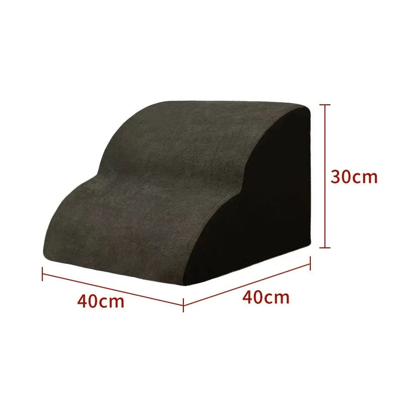 Wooden pet stairs with a removable washable cover for dogs, shown in brown, creamy white, or dark grey.