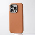 Genuine leather phone case with Magsafe ring and alloy lens guard for iPhone 15 Pro Max in brown