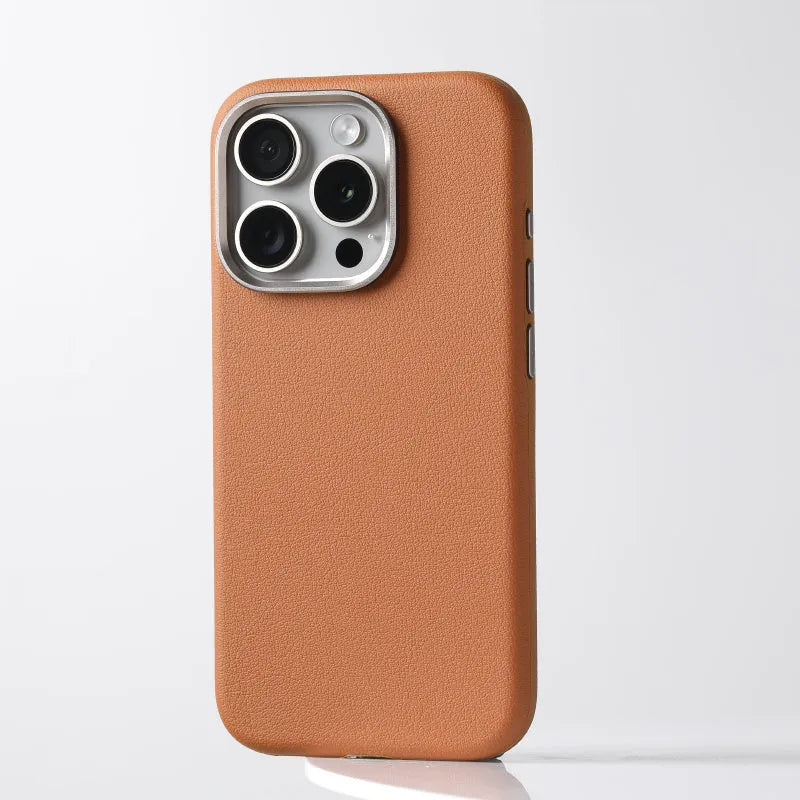 Genuine leather phone case with Magsafe ring and alloy lens guard for iPhone 15 Pro Max in brown
