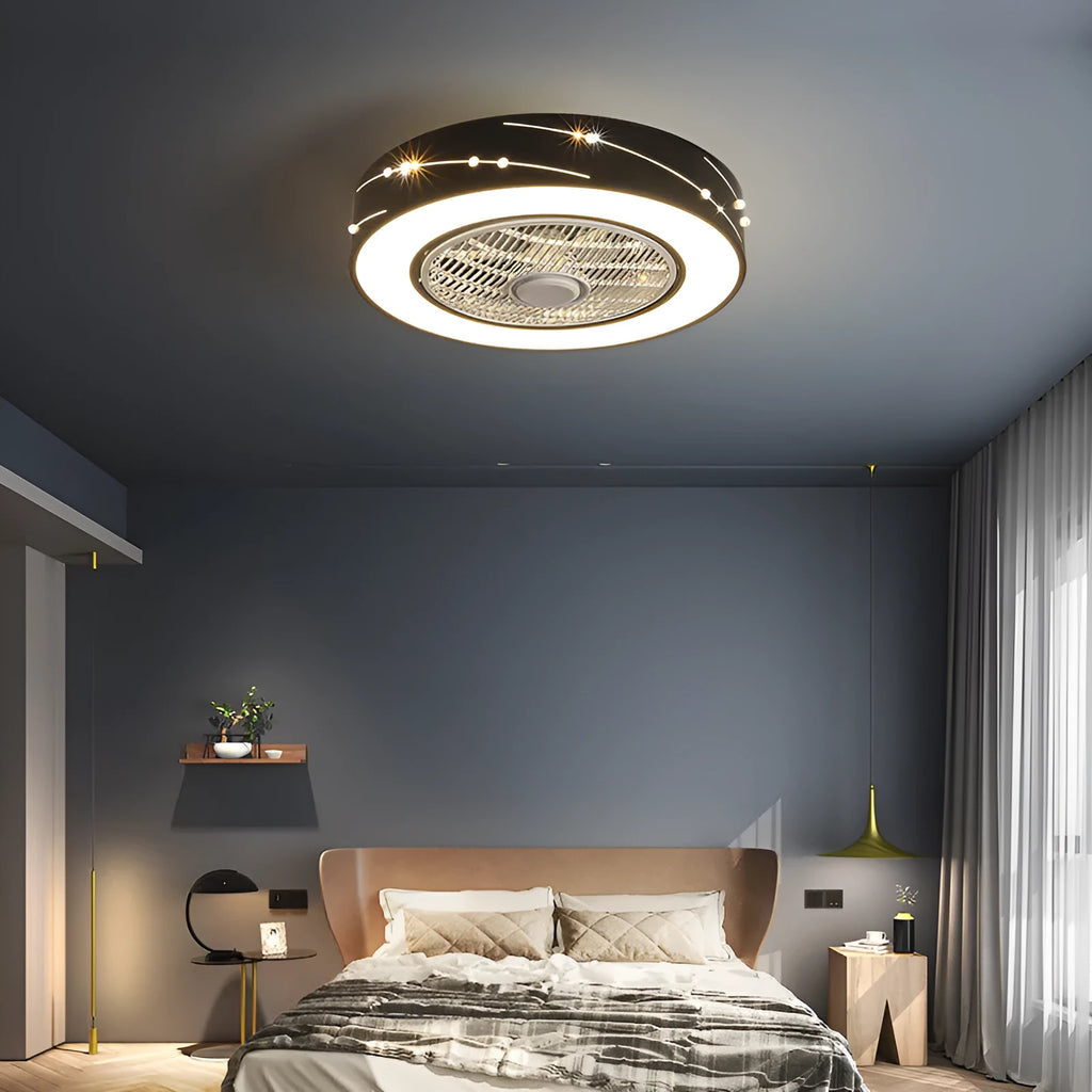 Round integrated LED ceiling fan lamp with remote control, 50cm, in white finish with acrylic shade and wrought iron body