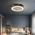 Round integrated LED ceiling fan lamp with remote control, 50cm, in white finish with acrylic shade and wrought iron body