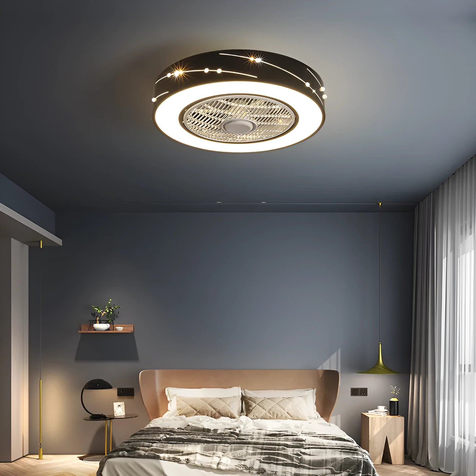 Round integrated LED ceiling fan lamp with remote control, 50cm, in white finish with acrylic shade and wrought iron body