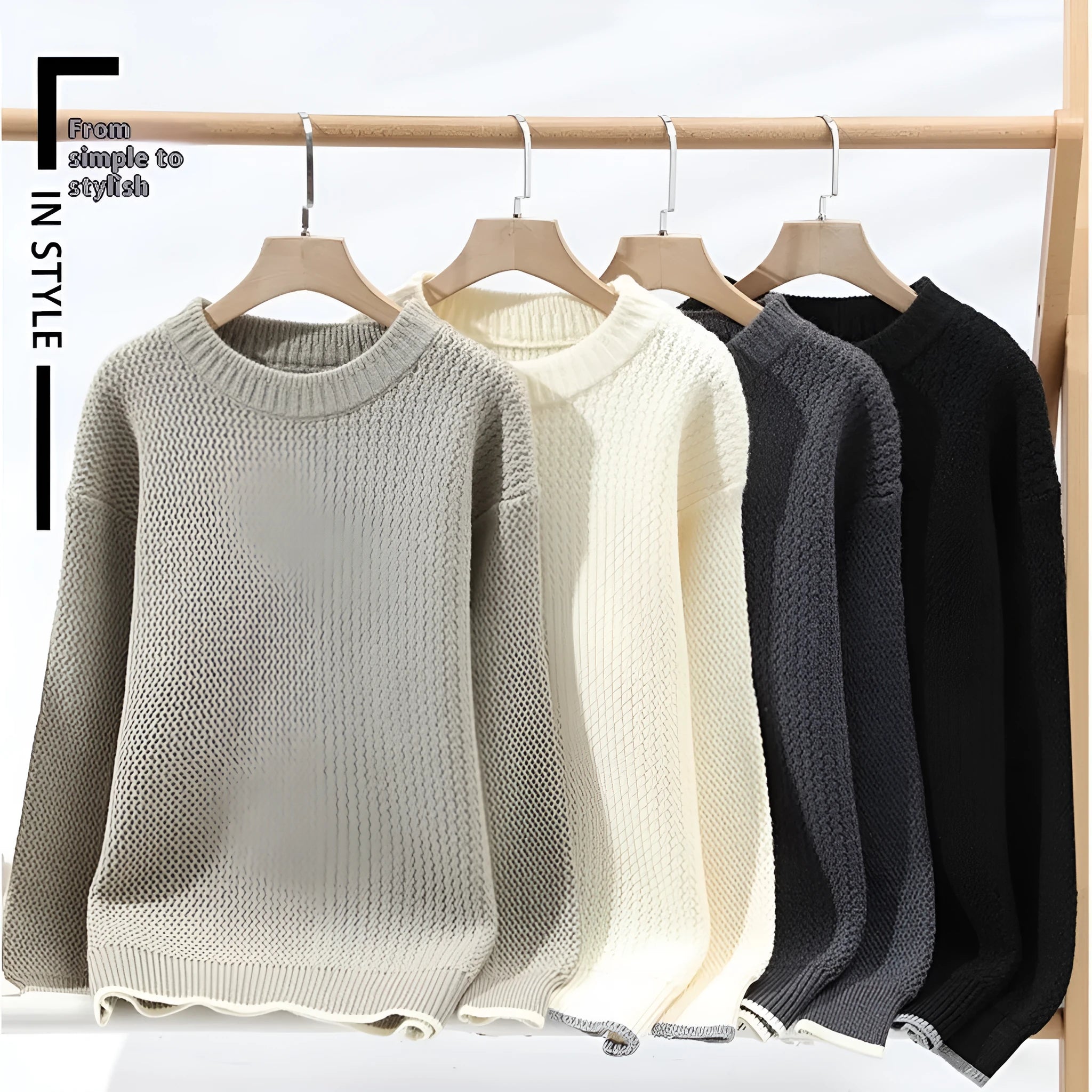 A man wearing a grey loose-fitting round neck casual pullover sweater.
