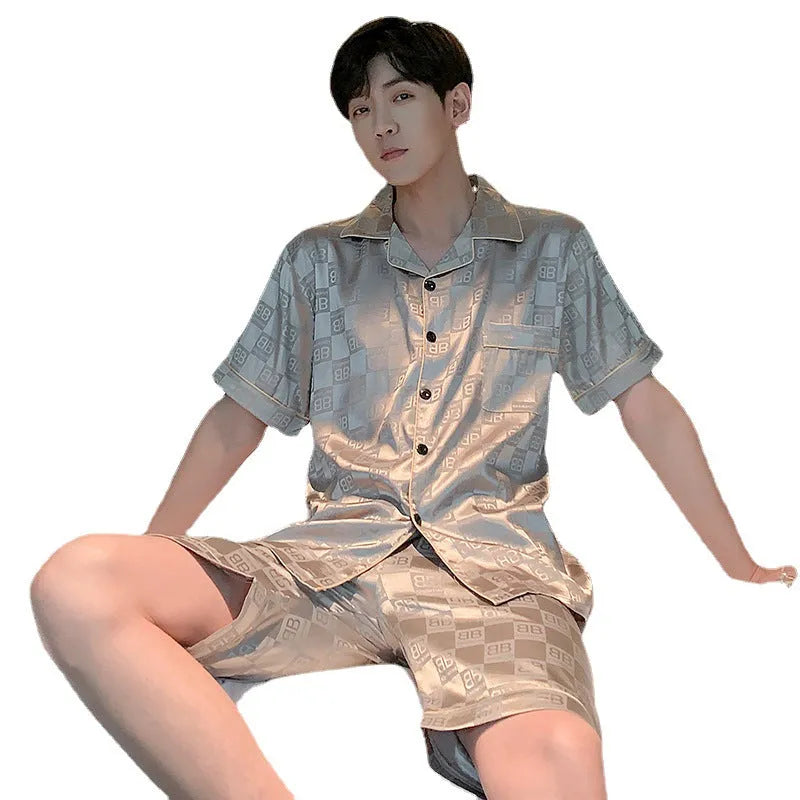 Men's ice silk short sleeve pajama set in plaid pattern, plus size loose fit, summer homewear suit