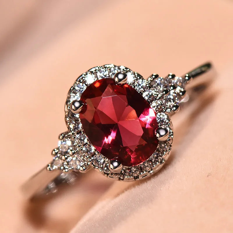 Ruby oval shape open mouth adjustable ring for women, copper white gold finish, sizes No.6 to No.10