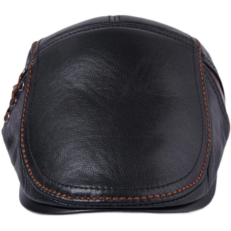 Men's cowhide leather peaked cap with short brim dome style in black brown sizes L XL XXL