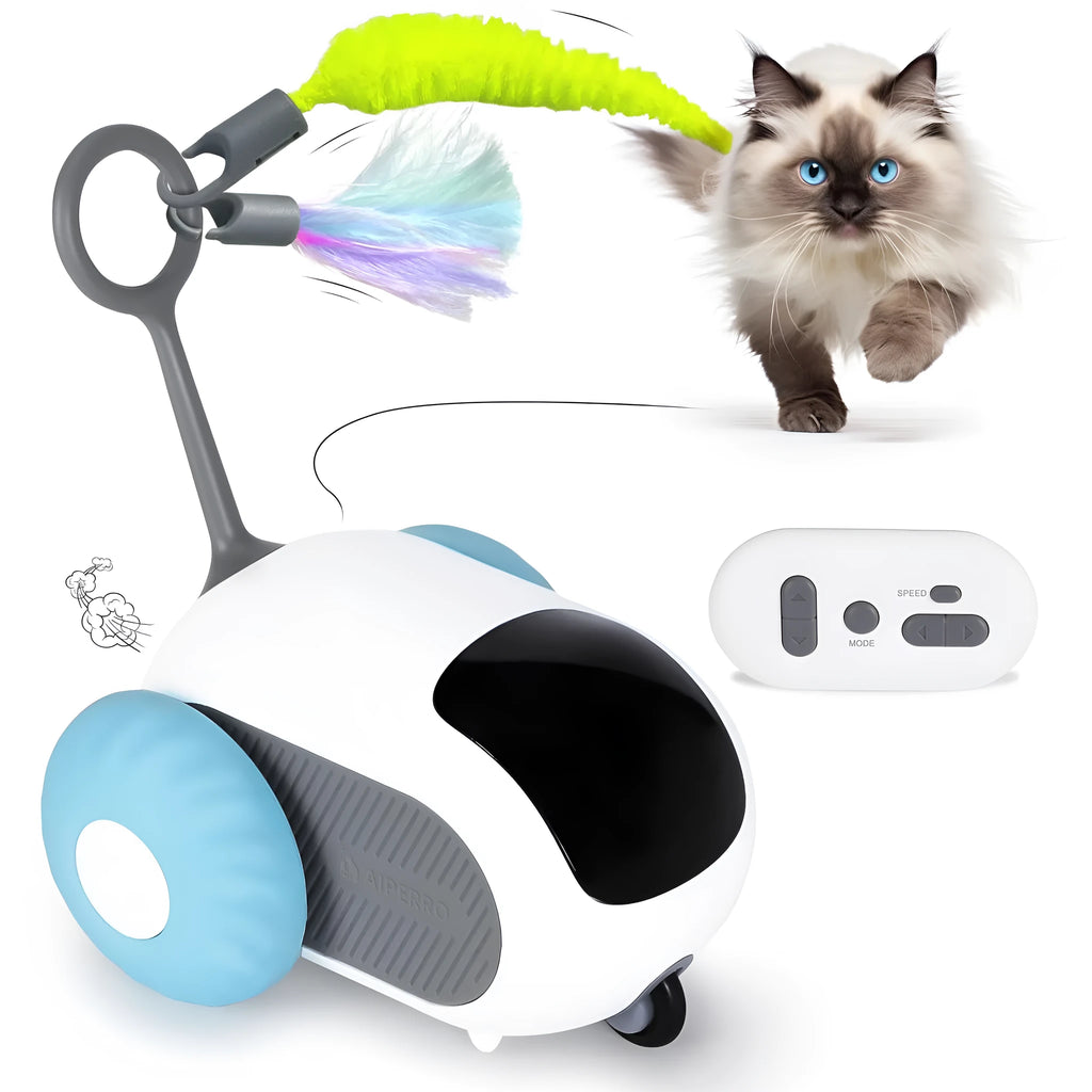 Blue smart cat toy car with feather attachment and remote control for interactive pet play