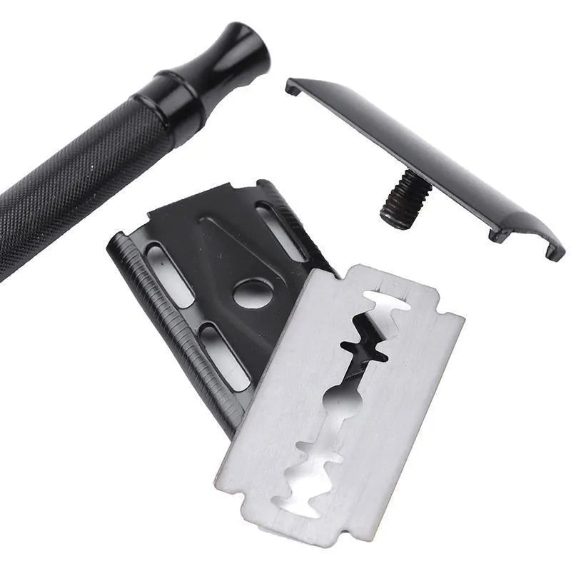 Traditional manual shaving razor with brush combination set in black or silver finish