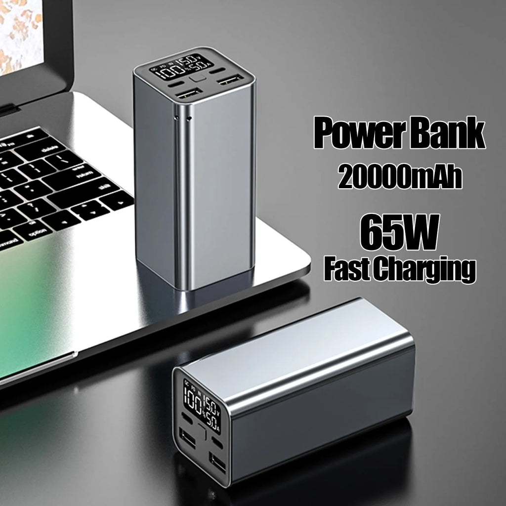 65W metal power bank with 20000mAh capacity for laptop charging, shown in black, blue, and grey colour options.