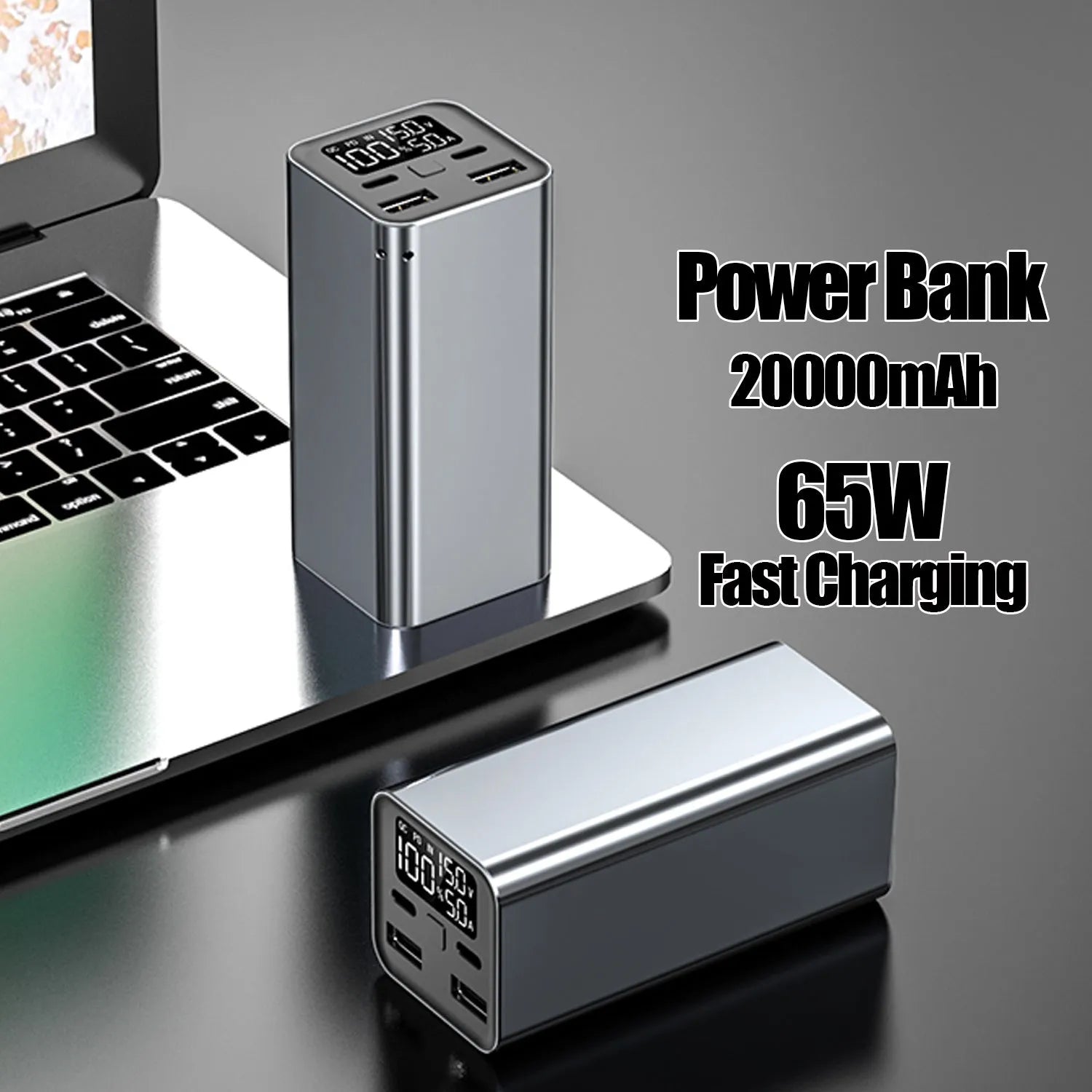 65W metal power bank with 20000mAh capacity for laptop charging, shown in black, blue, and grey colour options.