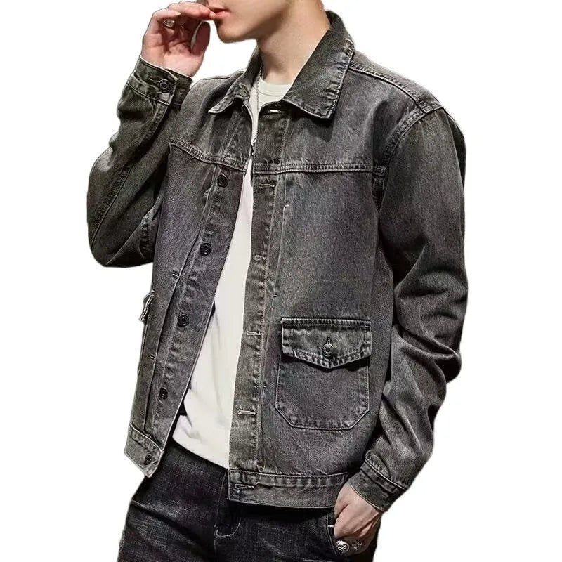 Smoky gray denim short jacket with black and gray colour option, straight hem, and side pockets in Korean style