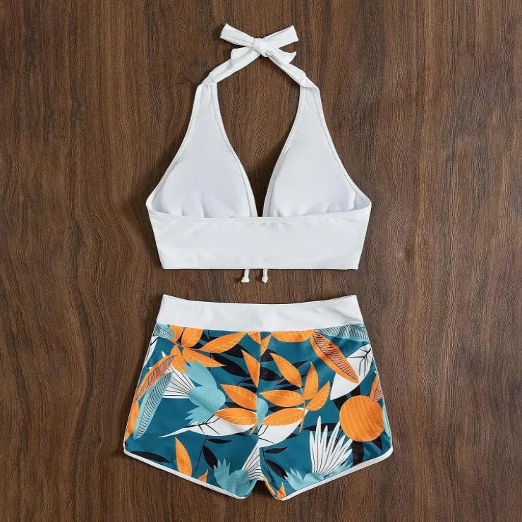 Women's solid colour top leaf print boxers swimsuit set in white, backless briefs, polyester