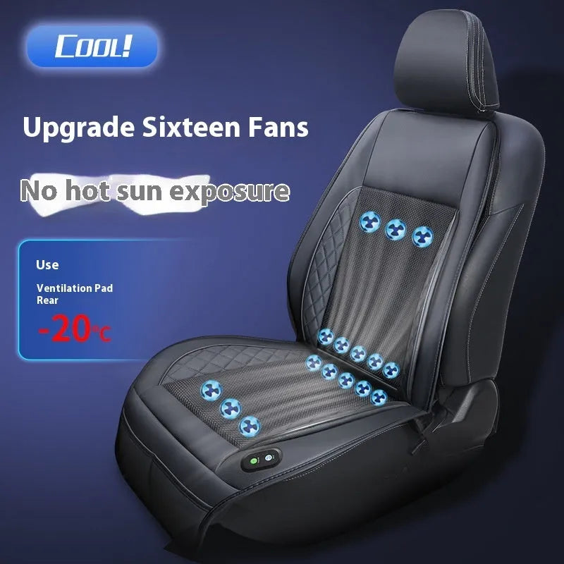 Ventilation car seat cushion in black with 24 fan units, on a car seat with power cord visible