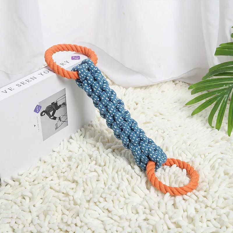Blue braided cotton dog chew toy with double rings and bone shape, 37cm long
