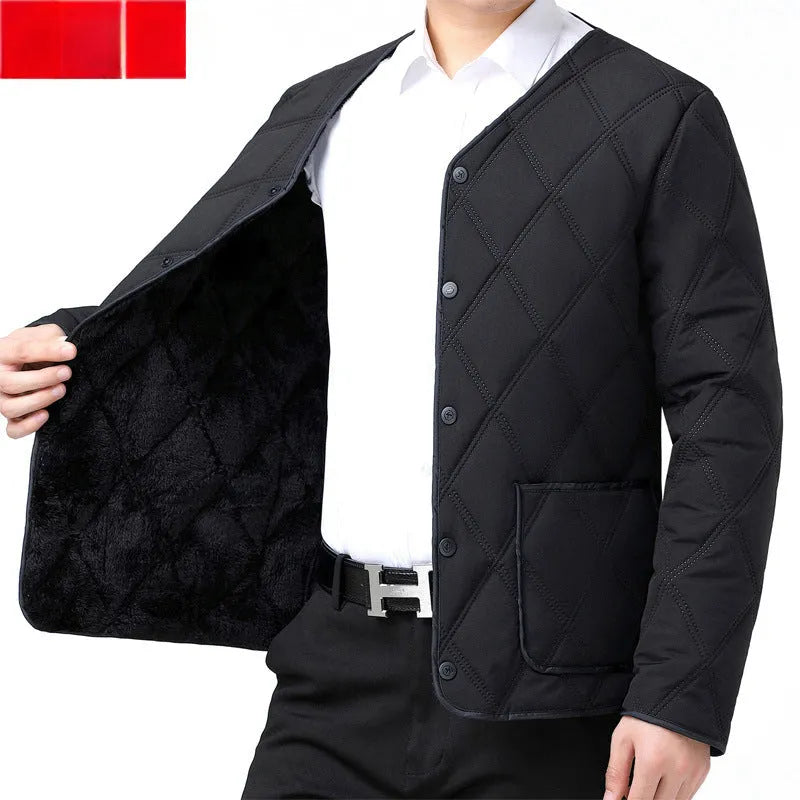 Men's short fleece-lined nylon jacket in black and navy blue, front view, sizes L to 4XL