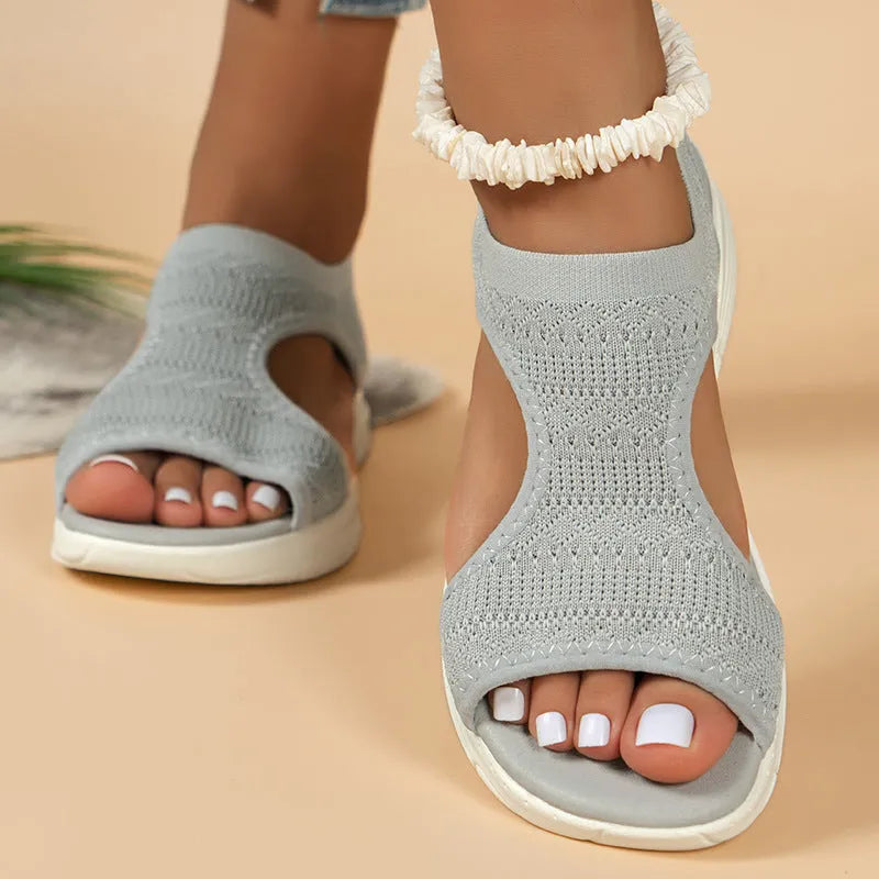 Women's flyknit sandals hollow peep-toe Roman shoes in grey with PU upper and breathable design