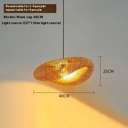 Woven bamboo straw hat-shaped hanging chandelier lamp showing natural texture and circular form