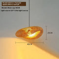 Woven bamboo straw hat-shaped hanging chandelier lamp showing natural texture and circular form