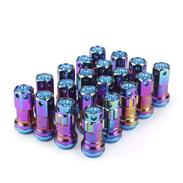 Set of aluminium alloy wheel hub nuts in multiple colour options including black, red, gold, blue, and purple finishes