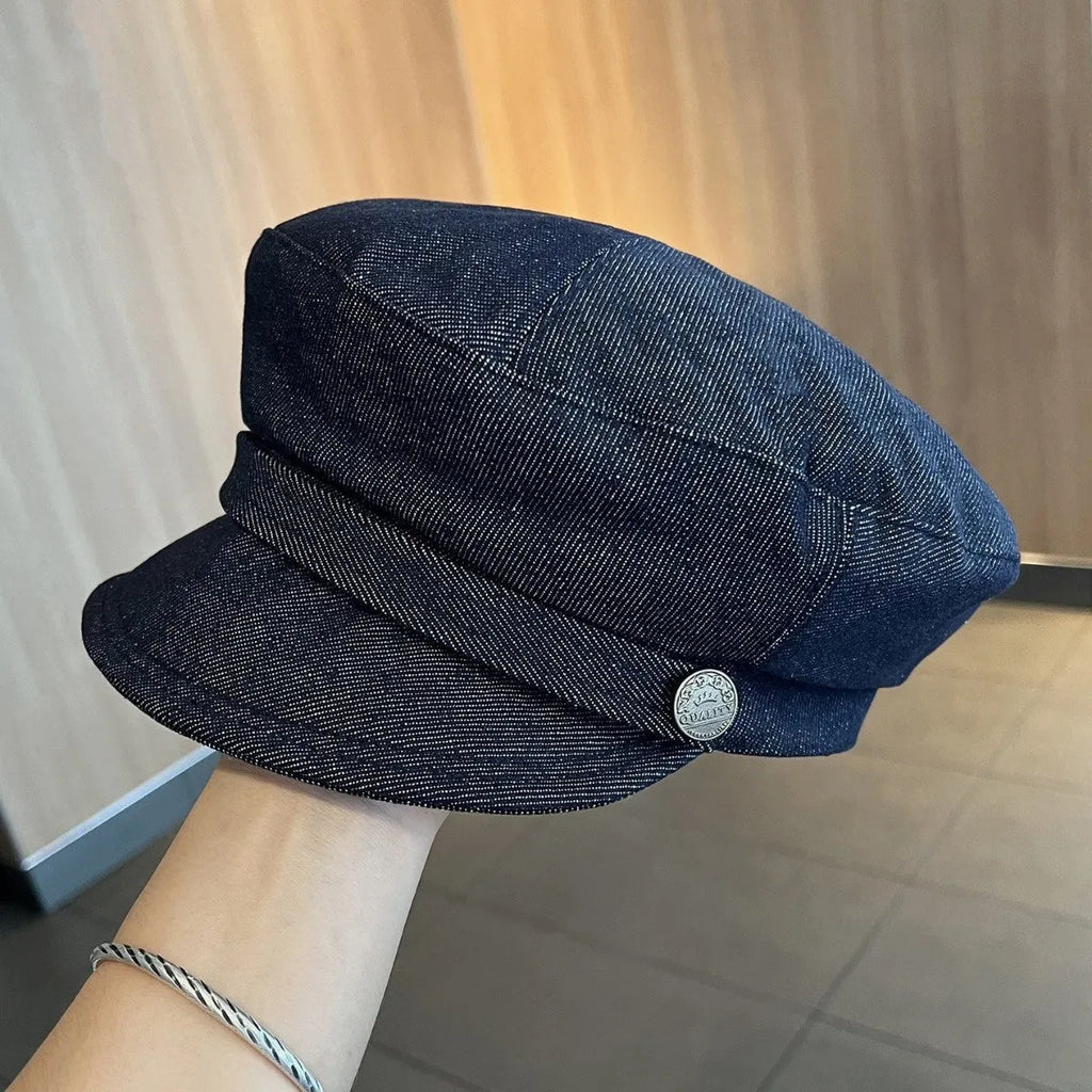 Adjustable denim octagonal newsboy hat in dark blue with coloured brim options