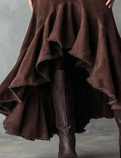 Western brown polyester maxi skirt with high-low hemline and ruffle trim detail