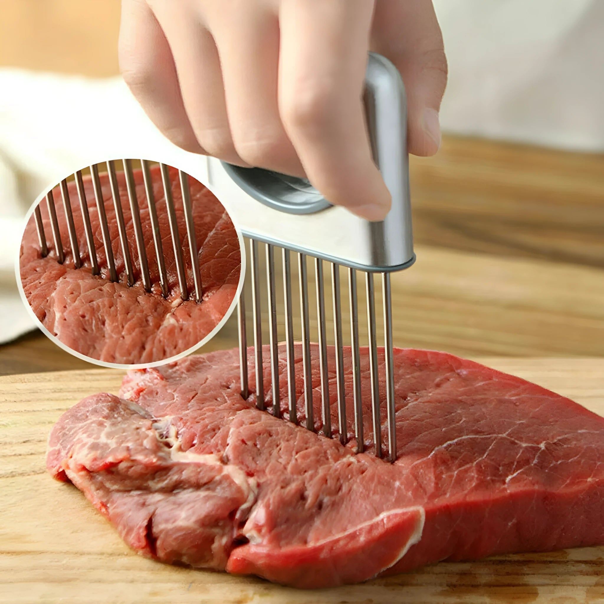 Stainless steel onion holder slicer with ultra-sharp prongs and finger guard for kitchen vegetable cutting