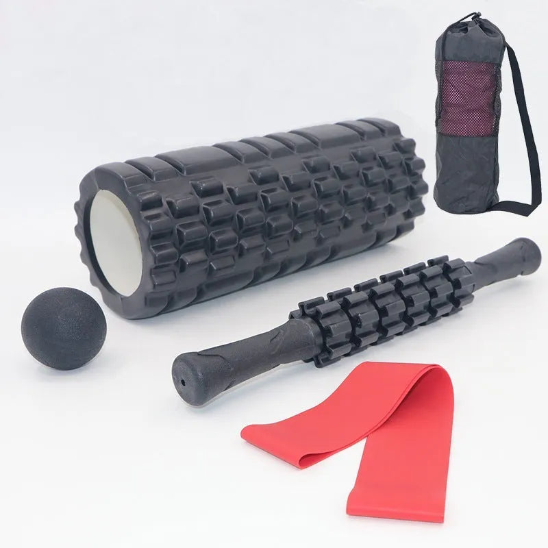 Black 33cm foam massage roller with six adjustable gear pieces for muscle recovery