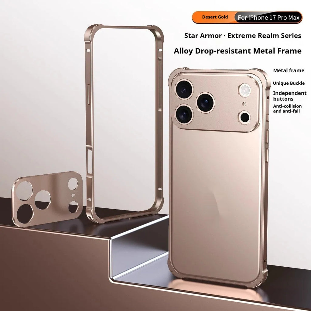 iPhone 17 alloy mobile phone case with metal corner frame and seahorse buckle in frosted finish
