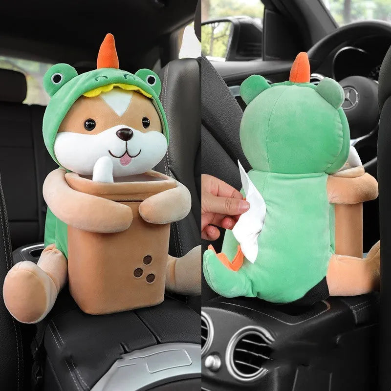 Plush car tissue box and trash can two-in-one unit in pink soft rabbit design on car centre console