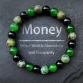 Men's casual green onyx obsidian crystal bracelet with 8mm handmade beads on a light background