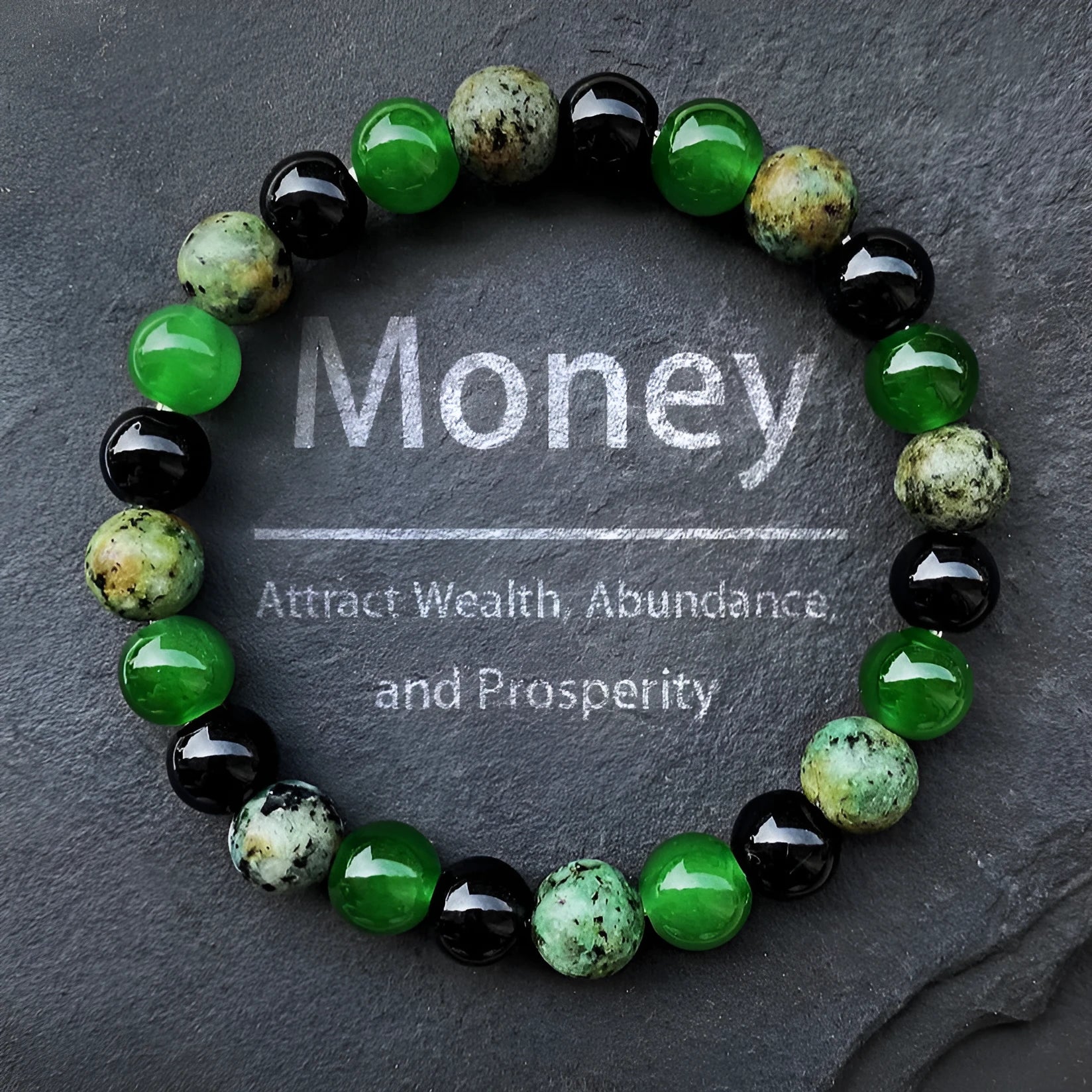Men's casual green onyx obsidian crystal bracelet with 8mm handmade beads on a light background