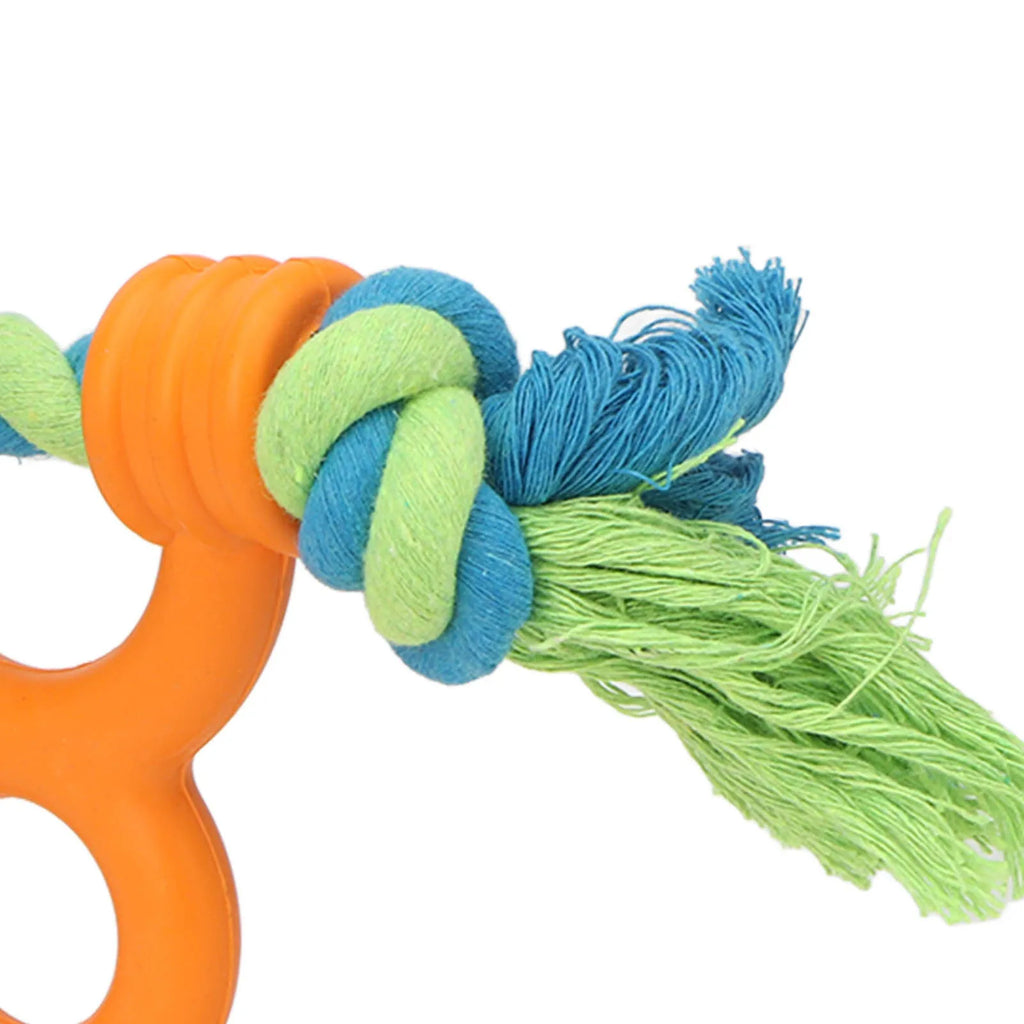 Orange dog rubber ring rope toy with cotton rope for teething and dental cleaning