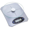 Simple mini kitchen electronic scale in silver white colour on a flat surface, showing weighing display.