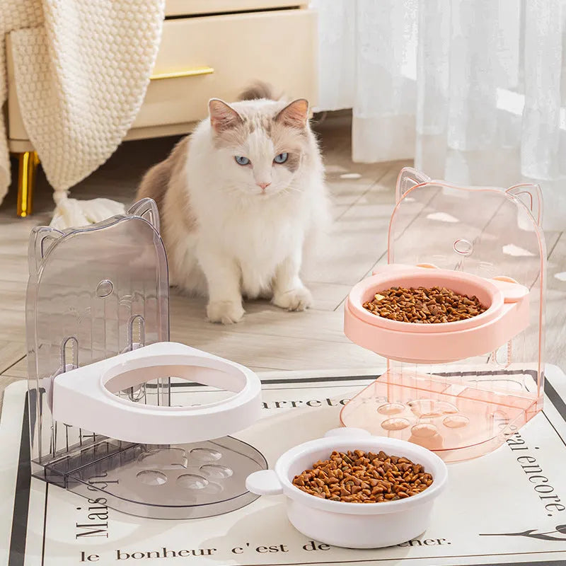 Grey cat feeding bowl with anti-spill design and removable cat ears for neck protection