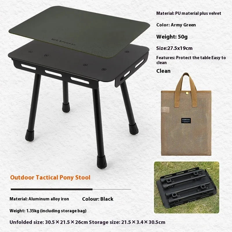 CLS aluminium dual-use camping stool shown in Army Green, folded and with storage bag.